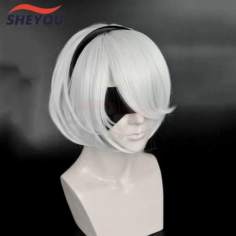 NieR:Automata 2B YoRHa No. 2 Type B Heroine Short Silver White Bobo Heat Resistant Cosplay Costume Wig (not include eye patch)