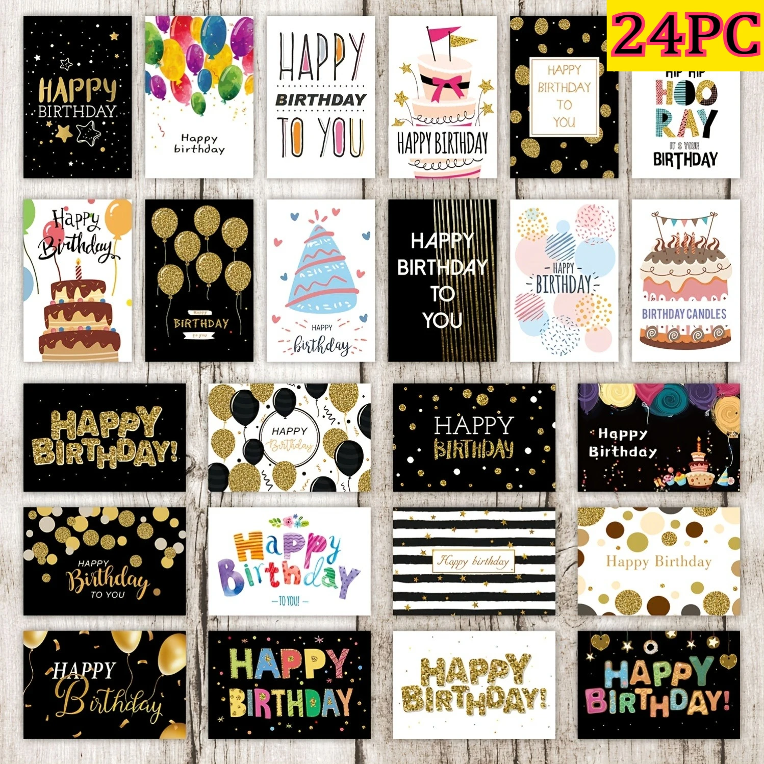 24PCS Happy Birthday Cards -Elegant Cursive Happy Birthday Information - Perfect Gift Set for Birthday Decorations and Souvenirs