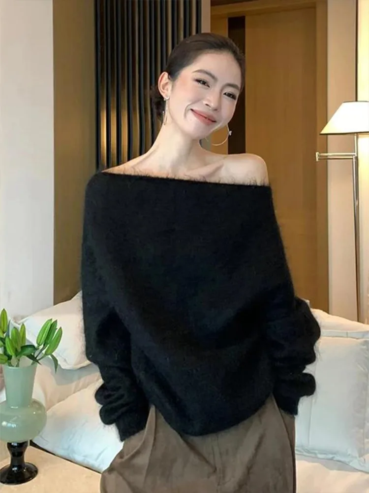 

Soft Bla Mink Knit Sweater Loose Fit oulder Baring One-oulder Spring Women's Faion Sweet Sle Inner Outer Wear