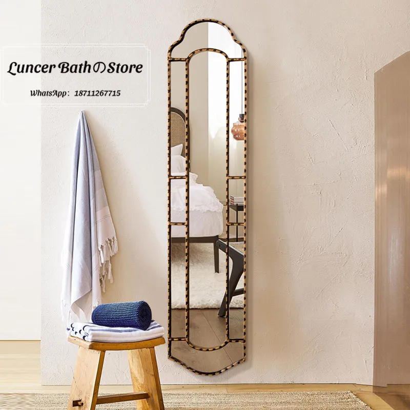 French Ultra Narrow Light Luxury Mirror, Wall Mounted Dressing Mirror for Bedroom, Space Saving Hanging Mirror