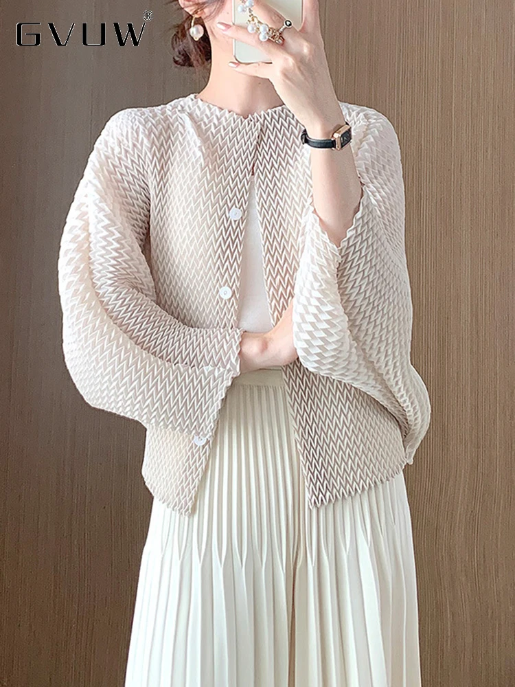 GVUW Pleated Round Collar Jackets Women Full Batwing Sleeve Solid Color New 2023 Autumn Round Collar Female Clothing 17G3448