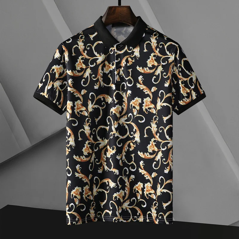 Summer Men Fashion Casual Short-sleeved T-shirt Baroque Black Gold Pattern Printing Lapel Ice Silk T-shirt Men Mannen Kleding