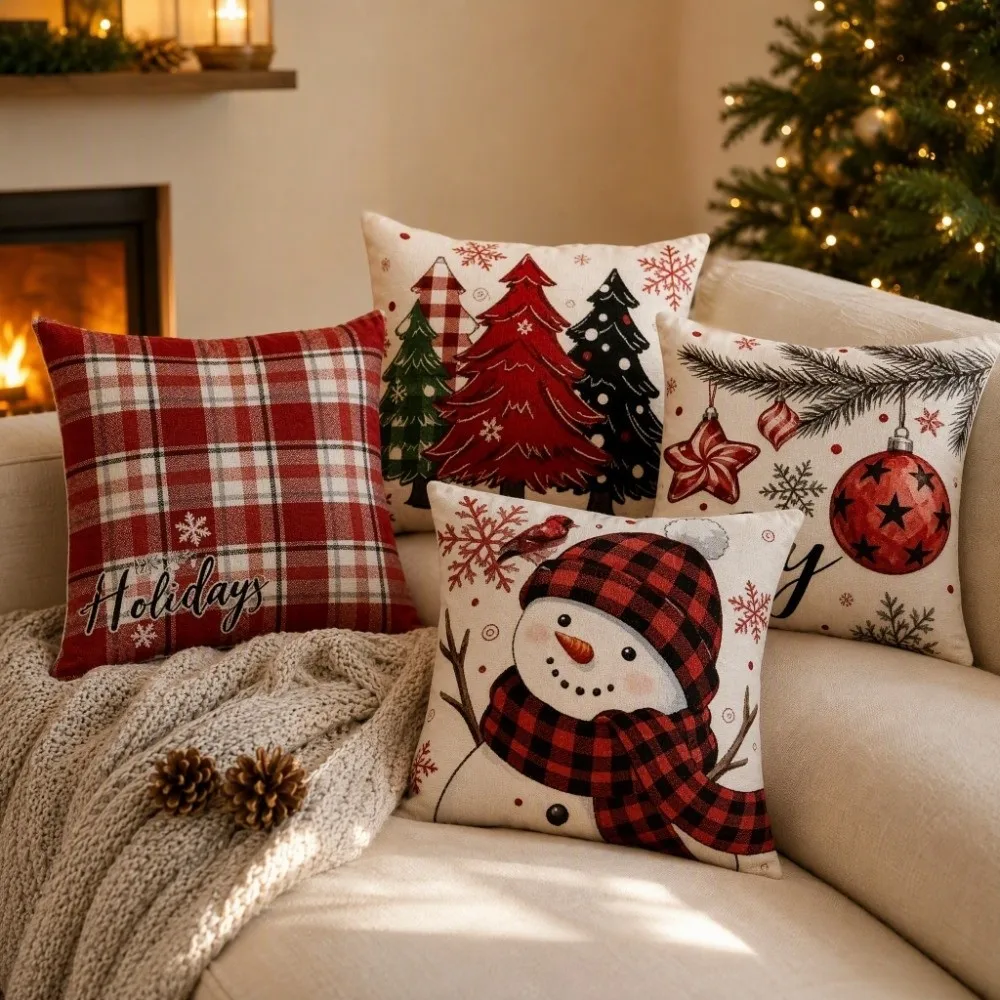 Soft Christmas Pillow Cover Elk Deer Grid Plaid Xmas Tree Pillowslip Square Linen Snowman Pillow Cover Home Decor