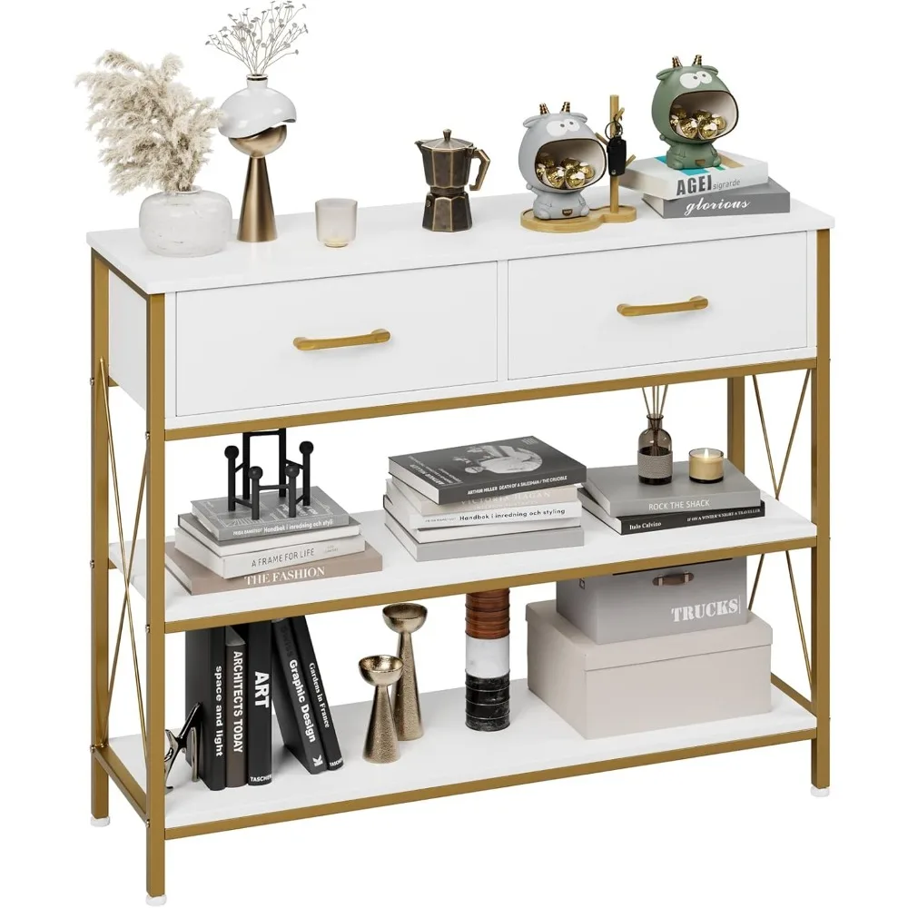 

Sturdy Industrial Console Table with Drawers, Vintage Hallway Foyer Table with Storage Shelves, Narrow Long Sofa Entryway Table