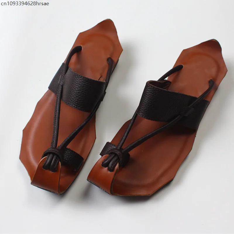 Summer Women Retro Genuine Leather Sandals Clip Toe Flat Slippers Casual Outdoor Travel Beach Flops Vintage Style Cosplay Sandal