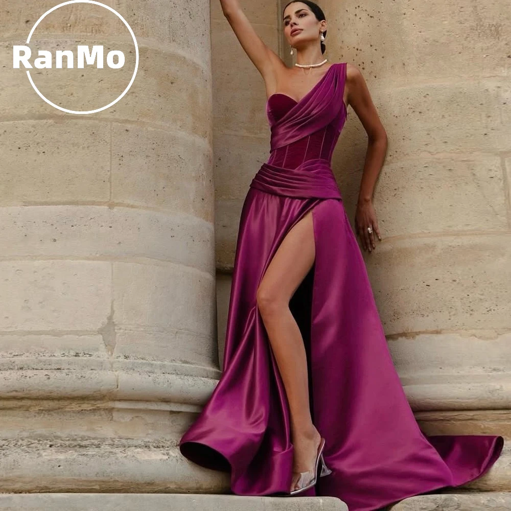 

Ranmo Elegant Purple A-line Evening Dress Velvet Pleat 2026 Satin Prom Dress Sleeveless Side High Slit robes de soiré Customized