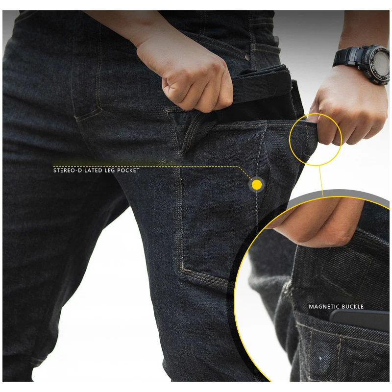 Casual Men Jeans Multi Pocket Cargo Pants Tactical Stretch Men\'s Denim Jeans Blue Black Trousers Fashion Side Pockets Overalls