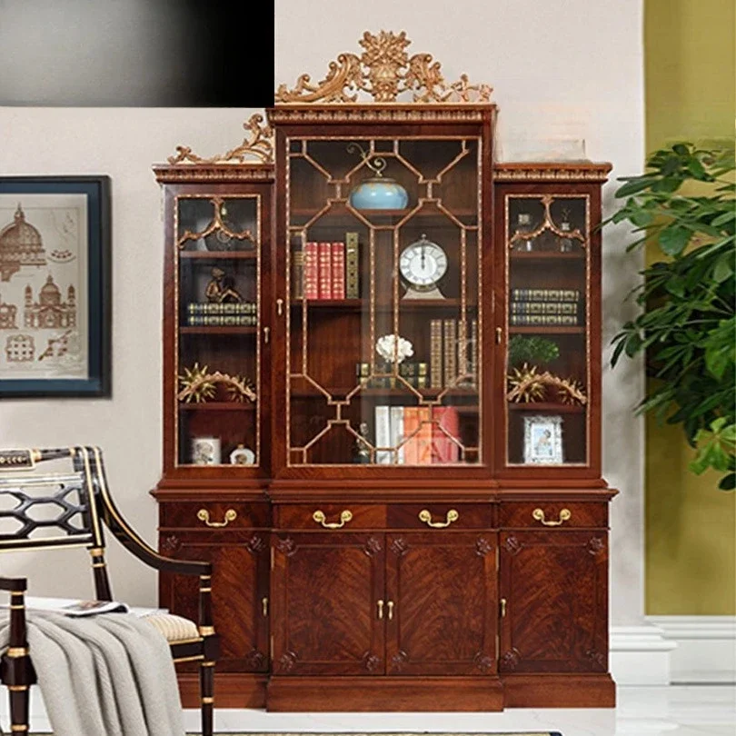 

New Chinese classical bookcase French glass four-door wine cabinet Luxury villa furniture Storage display
