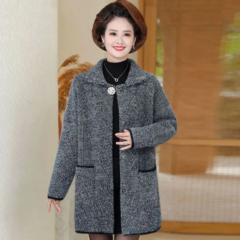 Middle Aged Elderly Women\'s Woolen Coat Autumn Winter High End Double-sided Cashmere Wool Jacket Mother Knitted Cardigan Outwear