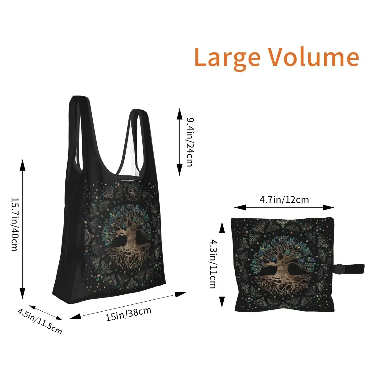 Tree Of Life -Yggdrasil Golden And Marble Ornament Shopping Bag Portable Tote Bags Foldable Shoulder Shopper Bag Grocery Handbag