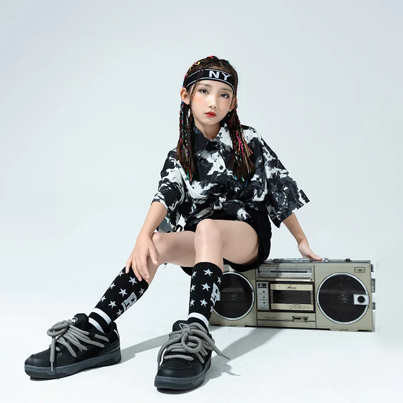 Kids Hip Hop Jazz Performance Clothes Sets Short Sleeve Tie-dye Print Shirt + Black Shorts Teen Boys Girls Street Dance Costumes