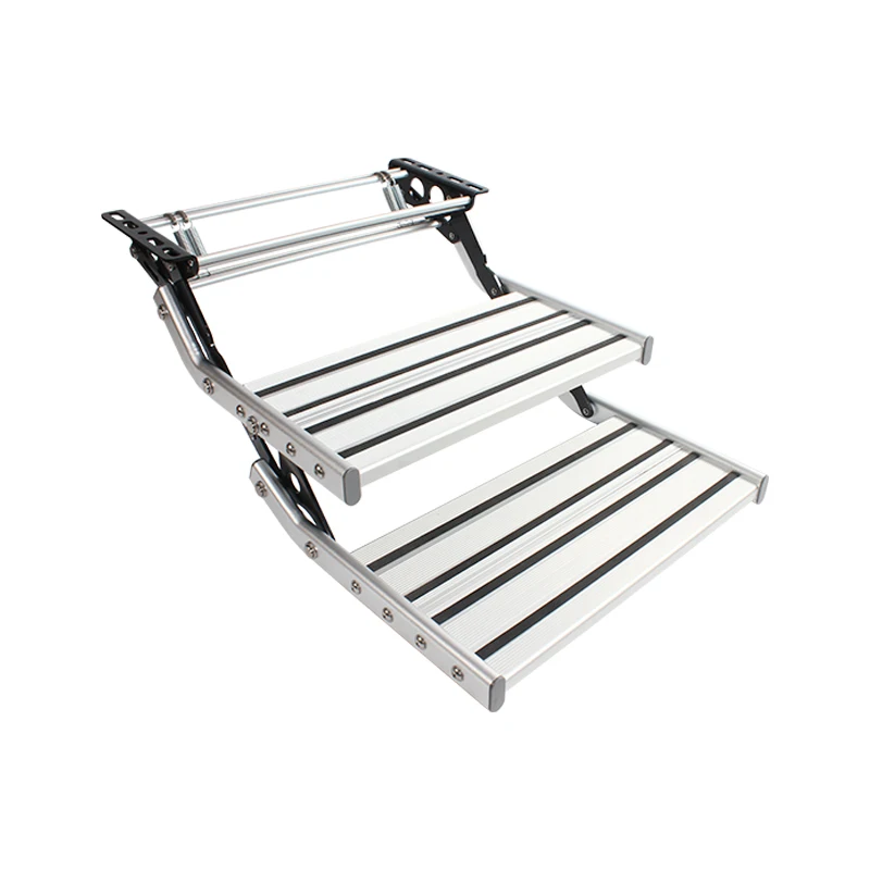 HEYRV Caravan Accessories RV Step With LED Light Manual Folding Double Ladders Aluminum Alloy Non-Slip Stairs