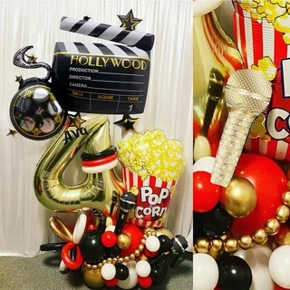 Camera Movie Popcorn Microphone Balloon for Night Party Decor, Retro Happy Birthday Banner, Garland Supply