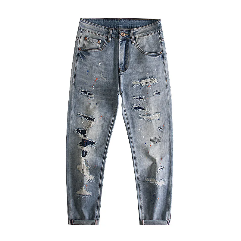 Splash ink ripped jeans for men, slim fit with small feet, elastic and scraped patch design, spring/summer 2025 new pants