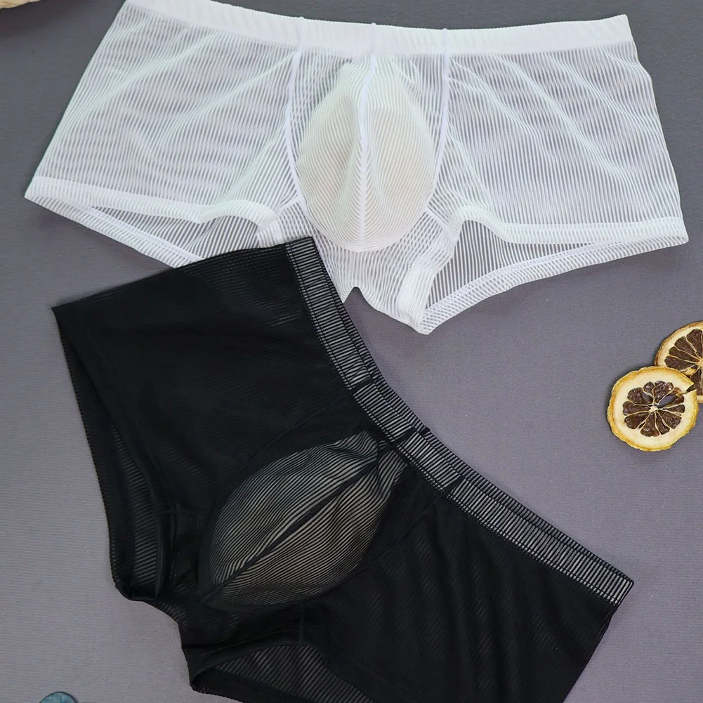 

Men Striped Translucent Brazilian Underwear See Through Boxer Shorts Erotic Sexy Lingerie Ultra-Thin Mid-rise Underpants Men