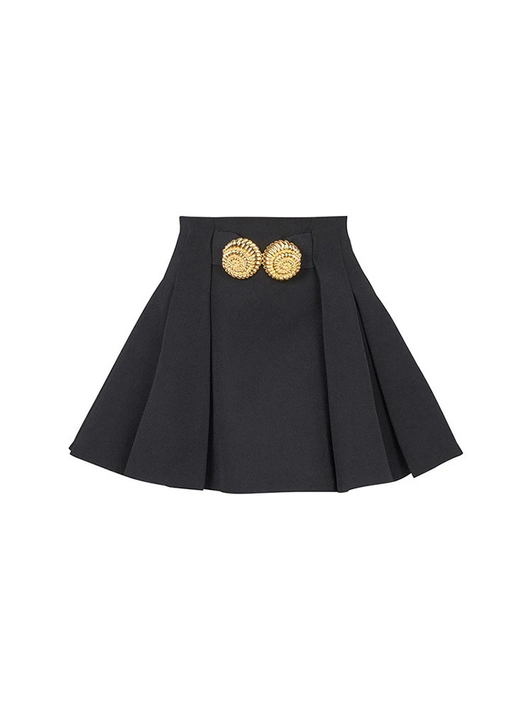 HIGH STREET 2024 Newest Fashion Stylish Designer Women Large Metal Buckle Decoration Pleated Mini Skirt