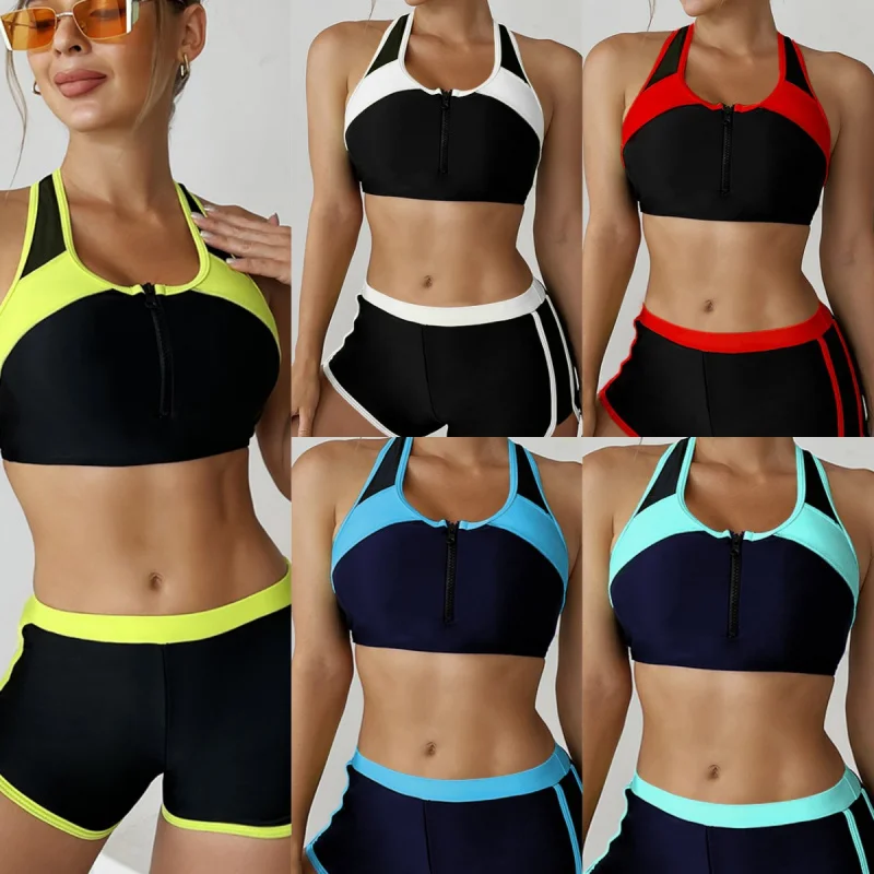 New Year's New Swimsuit Color Block Two-Piece Boxer Swimwear for Women with Front Zipper Sports Style Racing Bikini