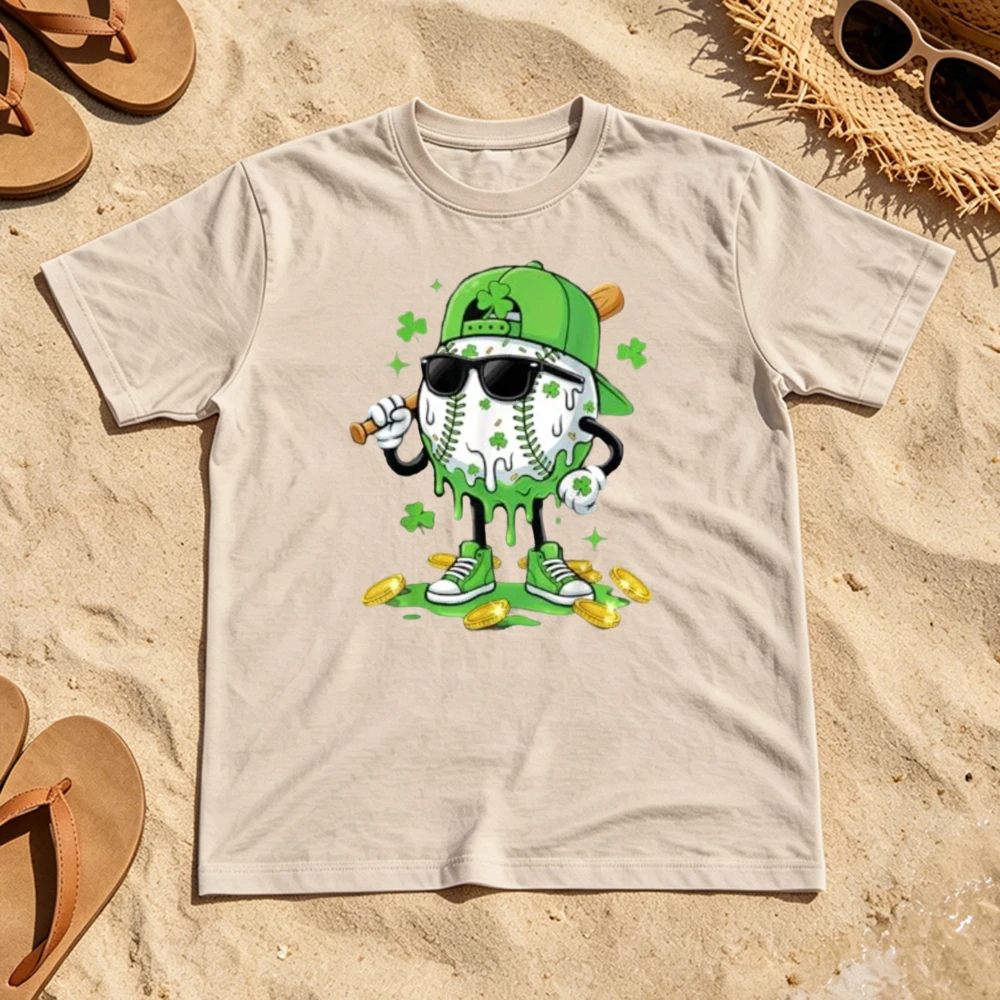 Saint Patrick Lucky Dripping Baseball Mascot Sand Graphic Unisex Short Sleeve Tee Beach Vacation Summer Style Casual Holiday Top