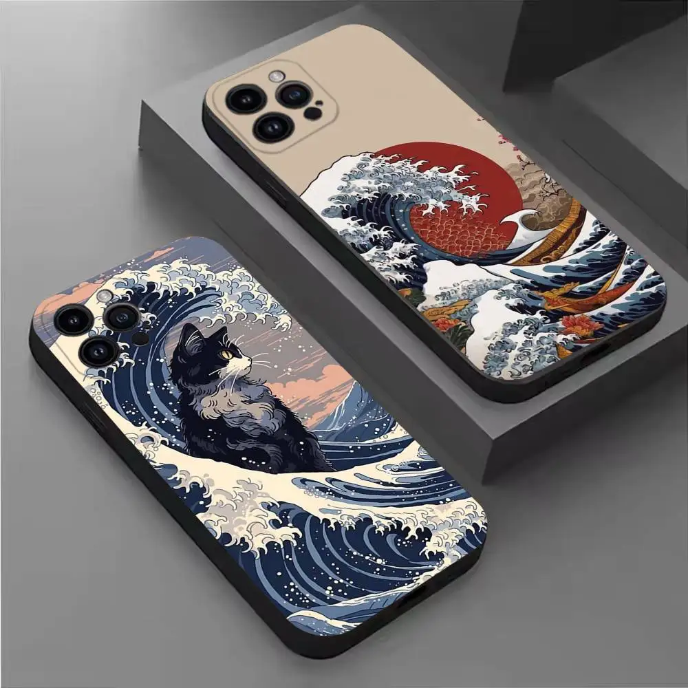

Japan Style Ukiyo-e Phone Case For iPhone 17,16,15,14,13,12,11 Plus,Pro Max,XS,X,XR,SE,Mini,8,7,Soft Silicone Black Cover