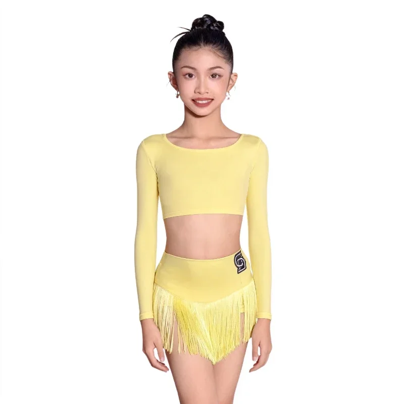 

Новая летняя одежда для латинских танцев для девочек, детская желтая юбка с кисточками для латинских танцев, тренировочная одежда для танцев ча-ча-румбы и самбы