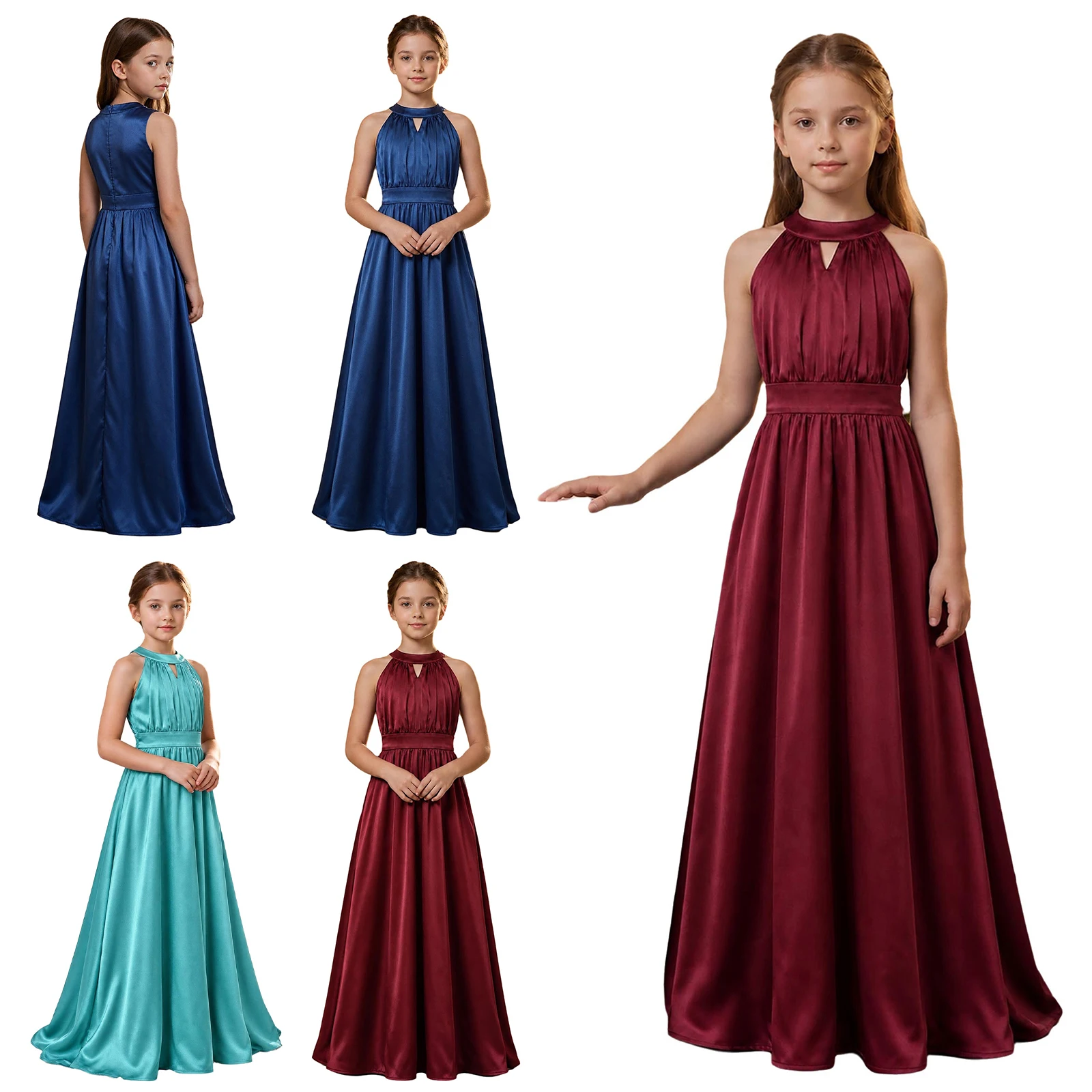 Kids Flower Girls Elegant Satiny Party Gown Sleeveless Ruched Bodice High Waist Dress Wedding Birthday Bridesmaid Formal Dresses