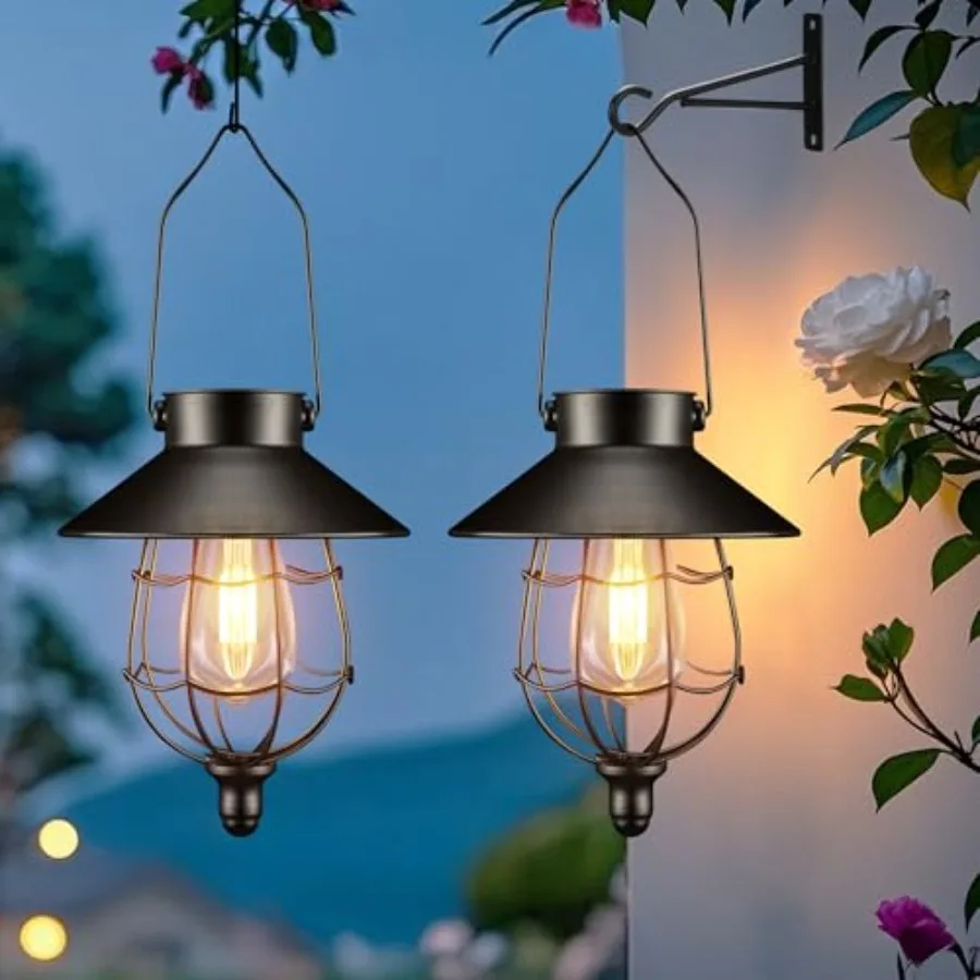

Солнечные фонари для улицы, подвесные металлические винтажные фонари, теплый белый свет, водонепроницаемые, дизайн в стиле лампы Эдисона, для дорожек и сада.