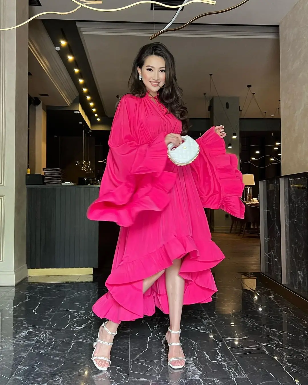 Customized Fuchsia Long Sleeves Prom Dresses Pleated Women's Party Dresses Ankle Length Formal Occasion Dress Evening Dress