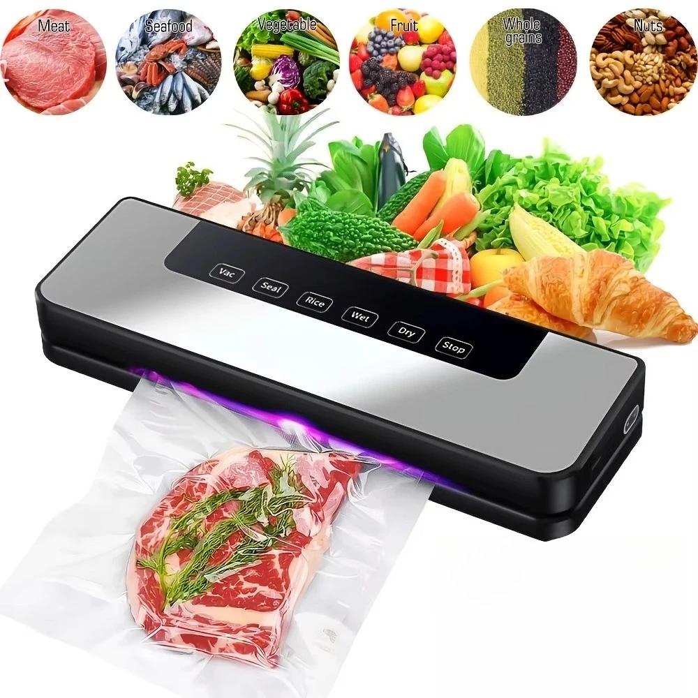 

Вакуумный упаковщик для продуктов 65 кПа, мощное всасывание, нержавеющая сталь, 6-в-1, режимы для сухих и влажных продуктов, автоматический, с 20 пакетами