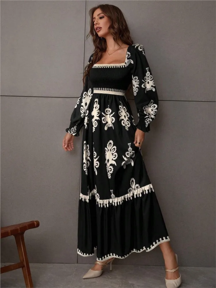 موضة ساحة الرقبة أنيقة عالية الخصر المرأة فستان بكم طويل الخريف المطبوعة الخصر نمط طويل فساتين الحفلات النسائية 2025