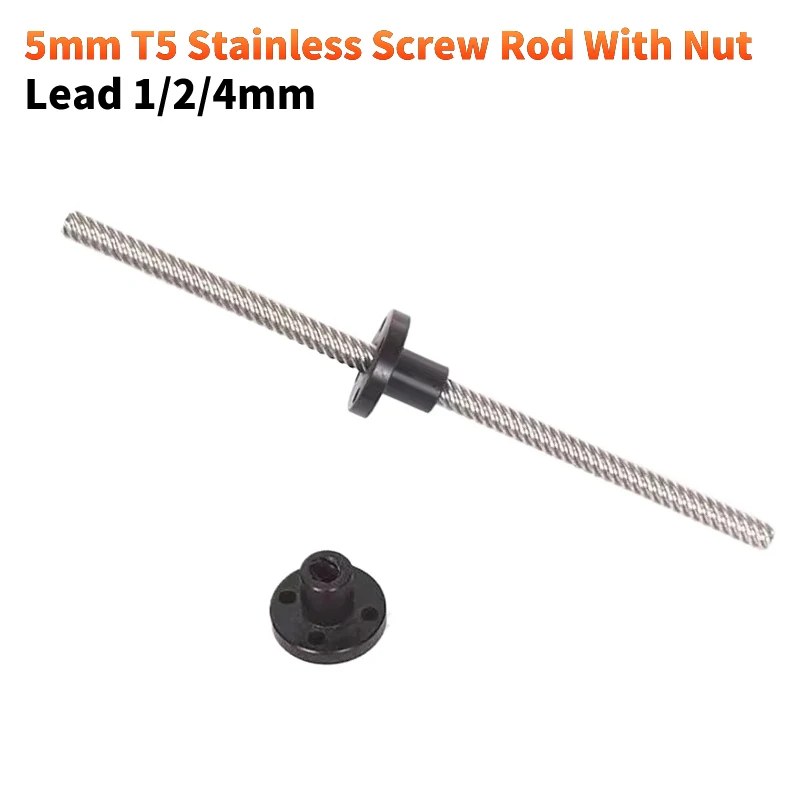 T5 Lead Screw 304 stainless steel Diameter 5mm Pitch 1mm length 100/150/200/250/300/350/400/500/550mm Lead Screw with nylon Nut