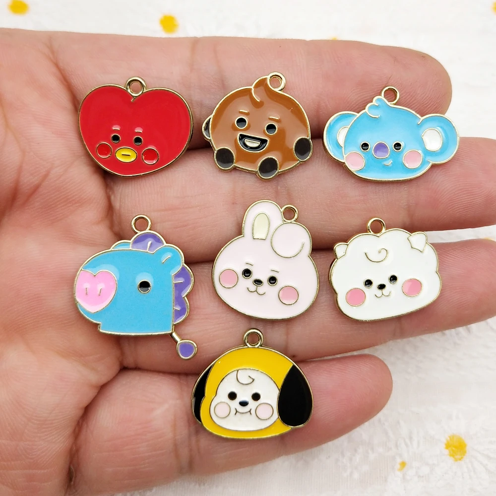 HOT BT21 Cartoon Charm Schmuckzubehör DIY Emaille-Halskette Ohrring Anhänger Schlüsselanhänger Charms Legierung Metall Vergoldet – Detail 1