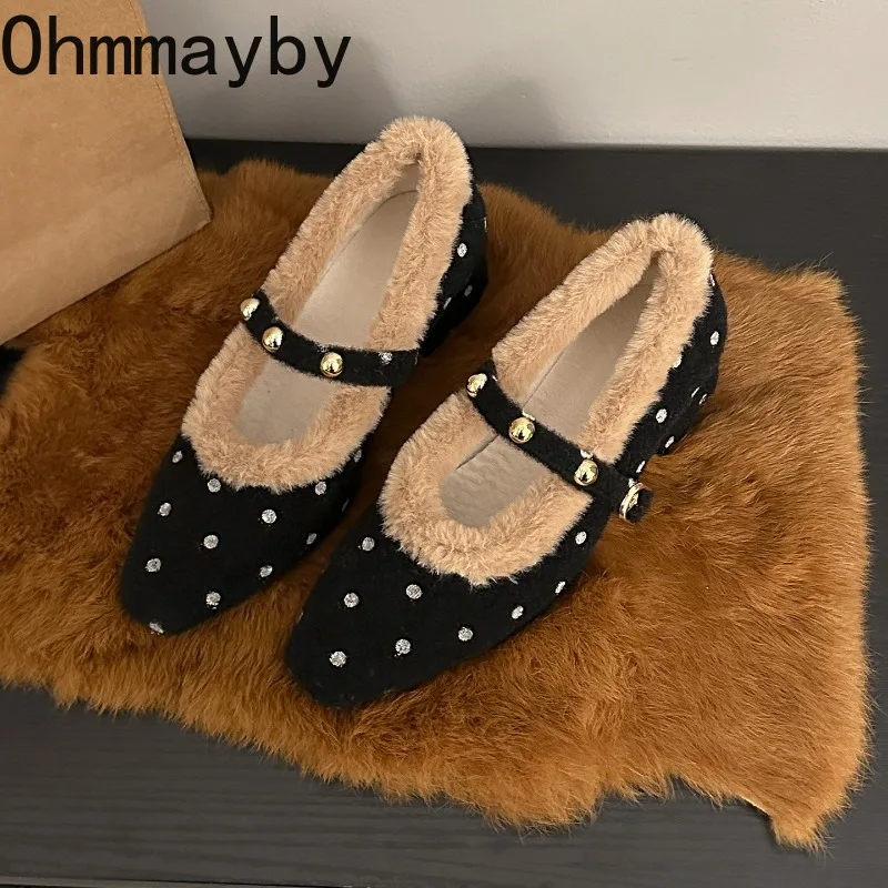 Vintage Womens Polka Dot Mary Jane Shoes Furry Square Toe Block Heel Autumn Winter Warm Plush Lined Dres Pumps - view 2