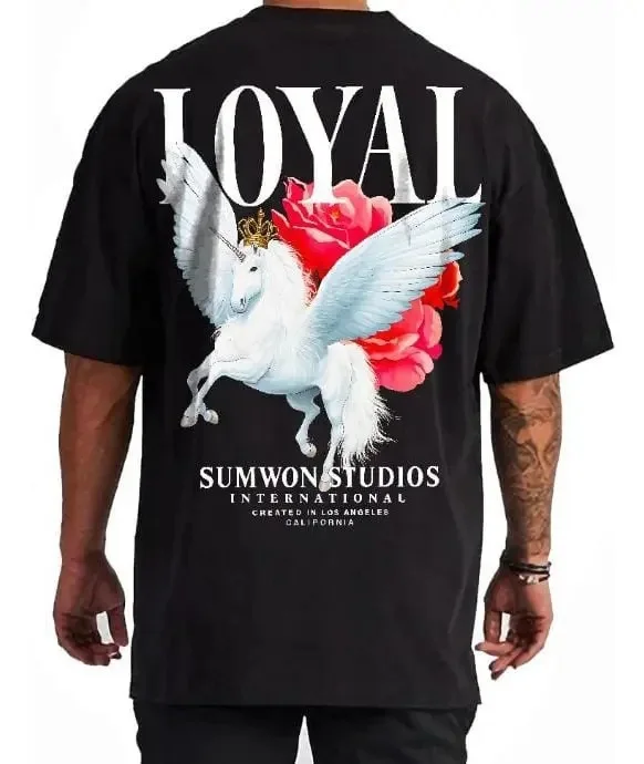 Men's Loyal Unicorn Pegasus Floral Vintage Washed T-Shirt, Fantasy Streetwear Graphic Tee 2026