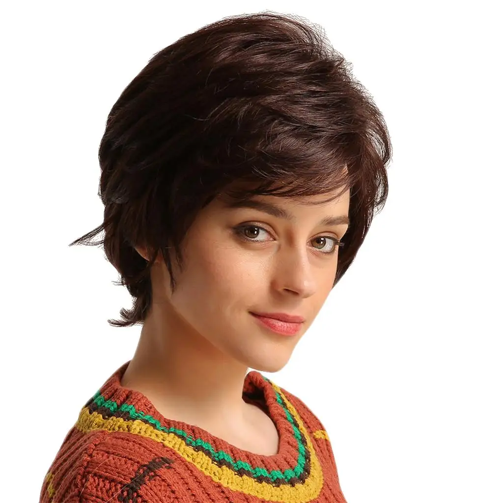 Brown Short Layered , Synthetic Full Hair Wigs for Women and Girls