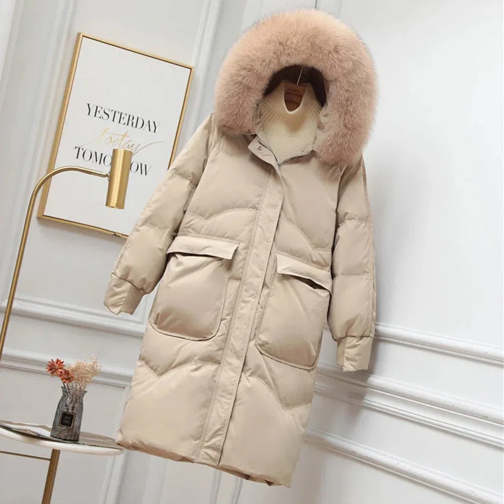 New Female Down Jackets Winter New White Duck Down Large Size Long Hat Big Fur Collar Thickened High-Grade Warm Coats Women