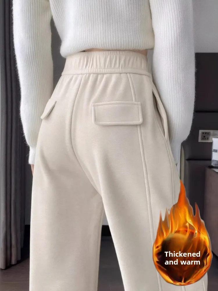 ハイウエストワイドレッグパンツ レディース 裏起毛ストレート冬用パンツ バナナサイスパンツ カジュアルロングパンツ