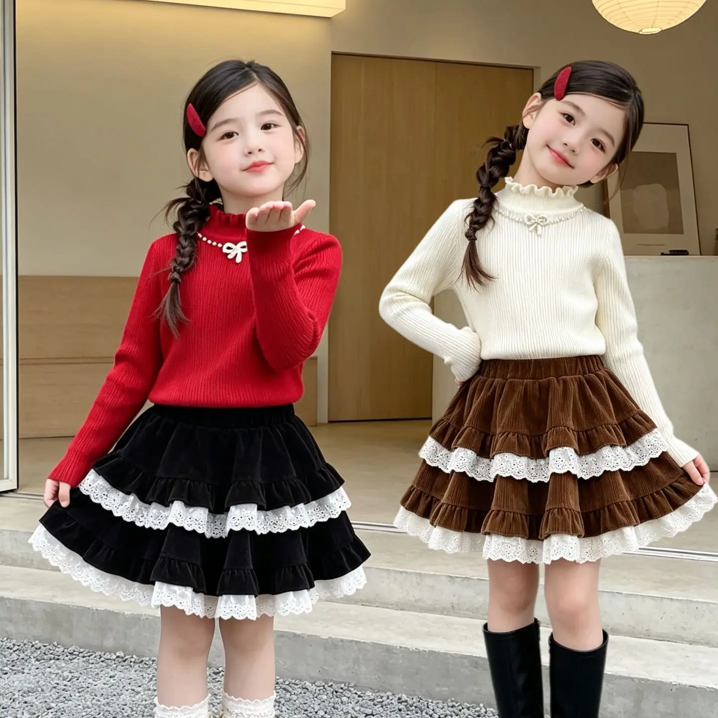 Children's Skirt Spring and Autumn Lotus Leaf Edge Corduroy Short Skirt Girls Princess Lace Fluffy Skirt Autumn and Winter New
