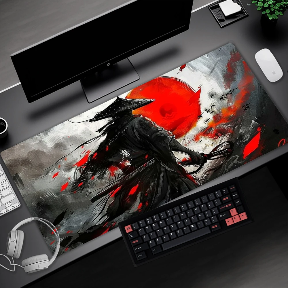 Mouse Pad Samurai Desk Mat 1200x500x4mm Full Table Mousepad Gaming Accessories Mouse Mat Gaming Rubber Anime Carpet Black Red