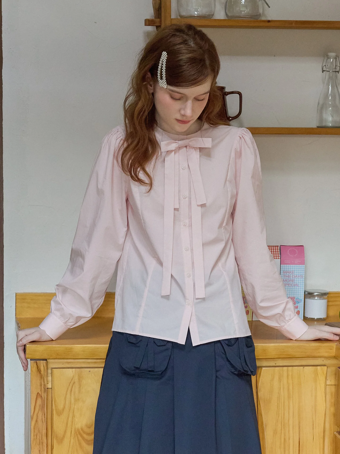 Sweet Detachable  Knot Shirt Pink Girl Style Unique Beautiful Bubble Sleeve Top for Commute Cotton Blend Button up