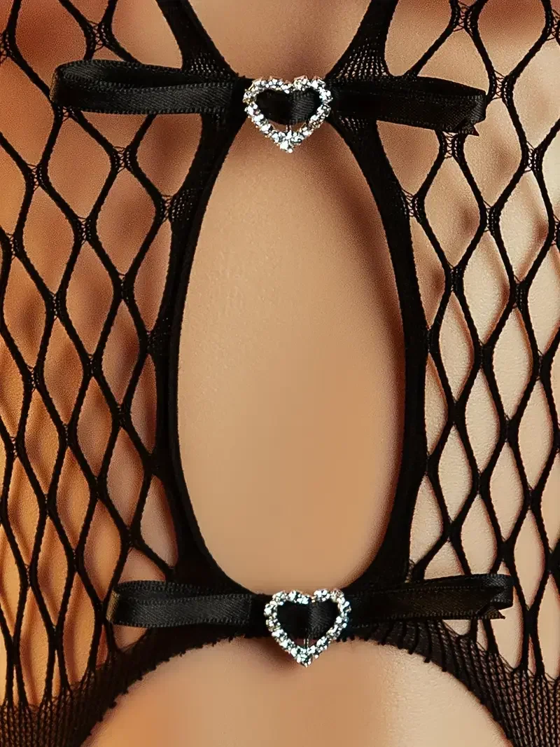 بدلة نسائية شفافة من شبكة صيد السمك - ملابس داخلية مفتوحة بين الرجلين، زي تيدي مثير مثير لعيد الحب