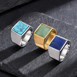 Vnox 13.6mm Signet Rings for Men Women, Punk Geometric Square Top Ring, Natural Stone Stamp Finger Band, Stainless Steel Jewelry