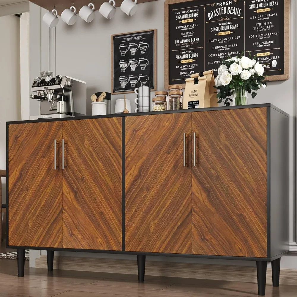 

4 EVER WINNER 58 Coffee Bar Cabinet with Storage, Buffet Cabinet with 4 Large Doors, Storage Cabinet with Adjustable Shelves for