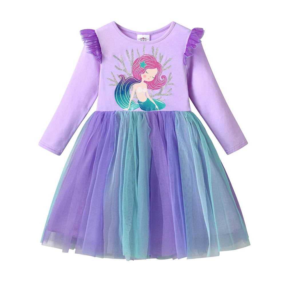 2024 neue Prinzessin Kleid Meerjungfrau Frühling Herbst Mädchen Kleid Rüschen Lange ärmeln kinder Party Kleidung Gradienten Mesh Kinder kleid – Detail 3