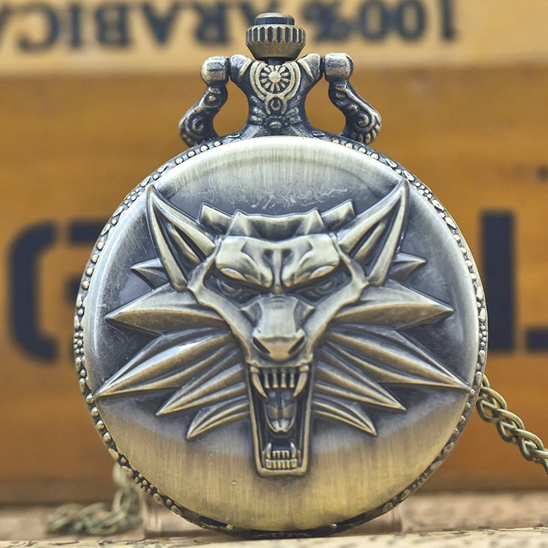 Retro Charm Neutral Fashion Handsome Wolf Head Carving Quartz Pocket Watch Steampunk Men's and Women's Necklace Pendant Gift