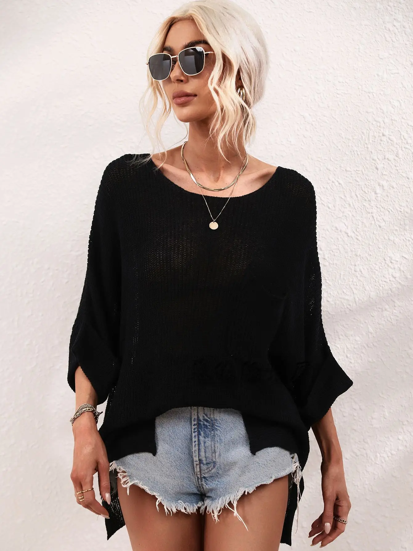

Spring Summer 2023 Women's Knitted Loose Color Faion Overhead Nylon Sweater Long Sve Hollow out Design Commute Sle