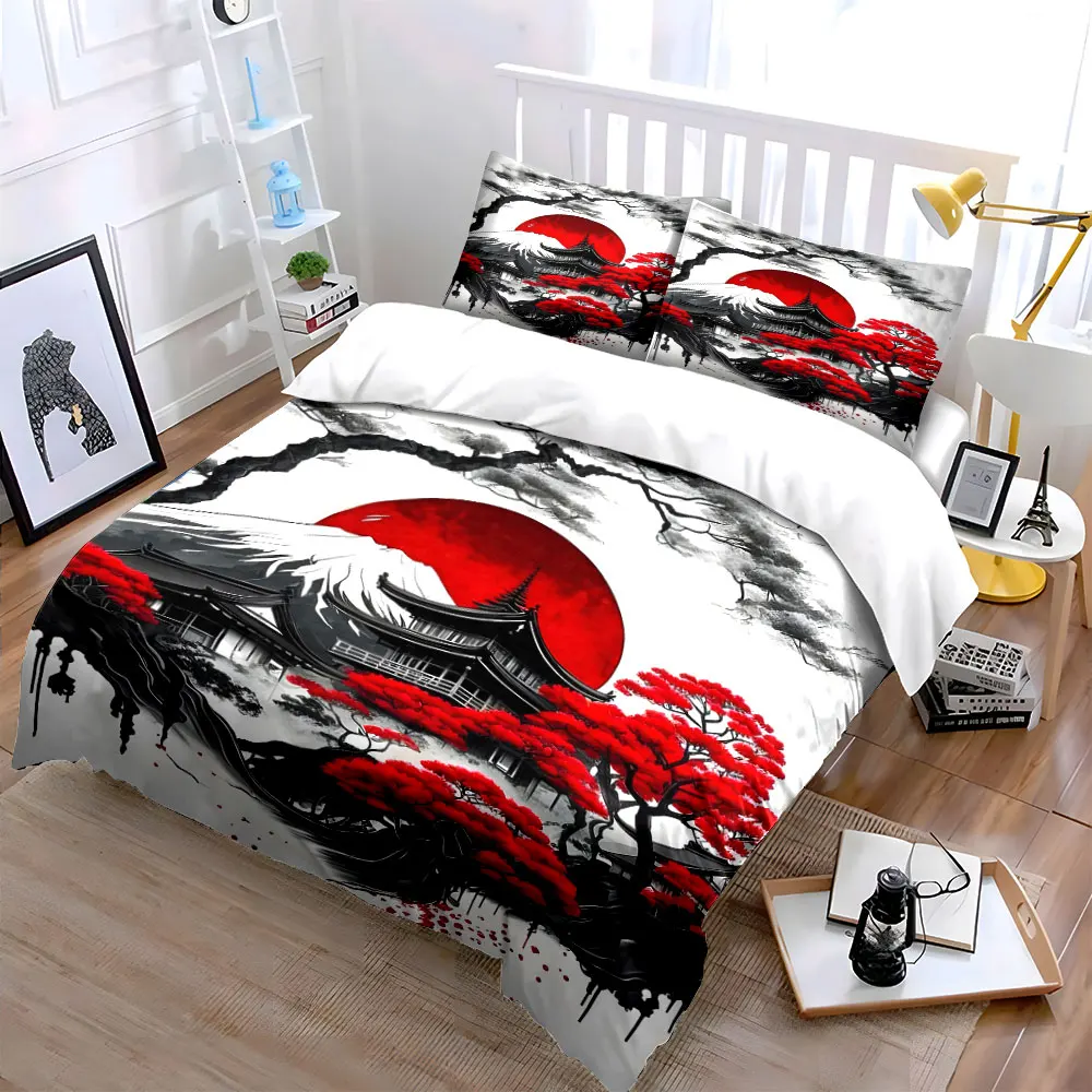 Red Sun, Snowy Peaks, Japanese Aesthetic Printed Duvet Cover Set1 Duvet Cover+2 PillowcaseMulti Size Bedroom Bedding Decor