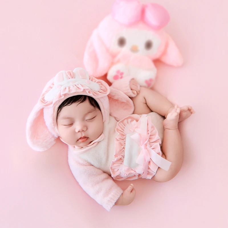 Cartoon Character Costumes Professional Newborn Photography Outfit Cute Pink Bunny Hat +Soft Fluffy Romper Set for 0-1M BabyGirl
