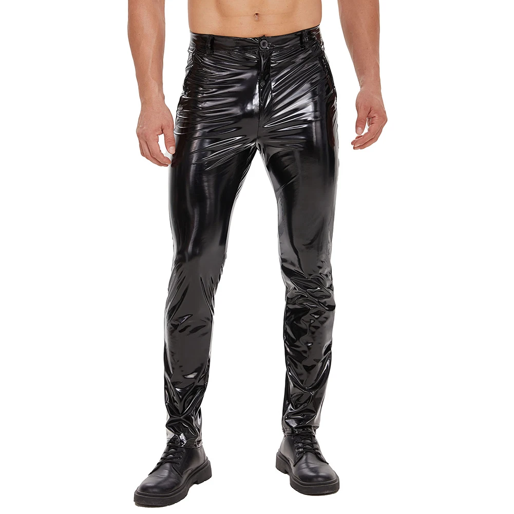 Mens Zip Leather Trousers Casual Straight Shaped Pants Comfortable Shiny Male High Elastic Shaping Leggings Slim Pencil Pants