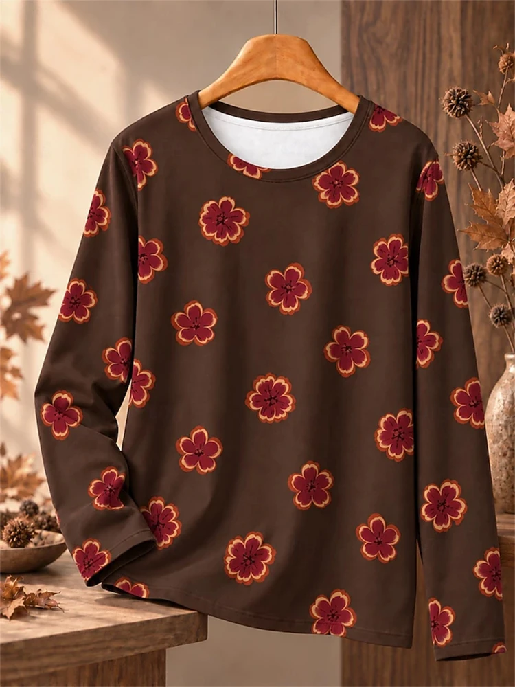 Fall 2026 Women's Round-Neck Long-Sleeve Casual T-Shirt with Retro Floral Print Loose-Fitting Loungewear Streetwear Top