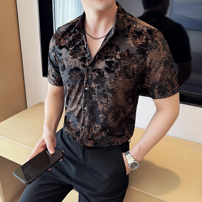 Sexy Mesh See Through Men's Shirt Luxury Jacquard Short Sleeved Casual Social Shirt Nightclub Banquet Party Performance Costumes